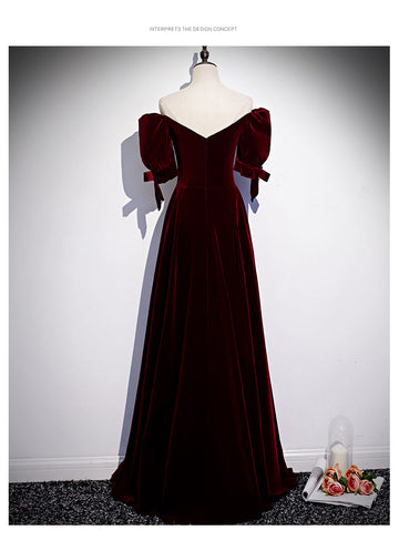 Princess Velvet Short Sleeves Long Red Prom Dresses HZ1023